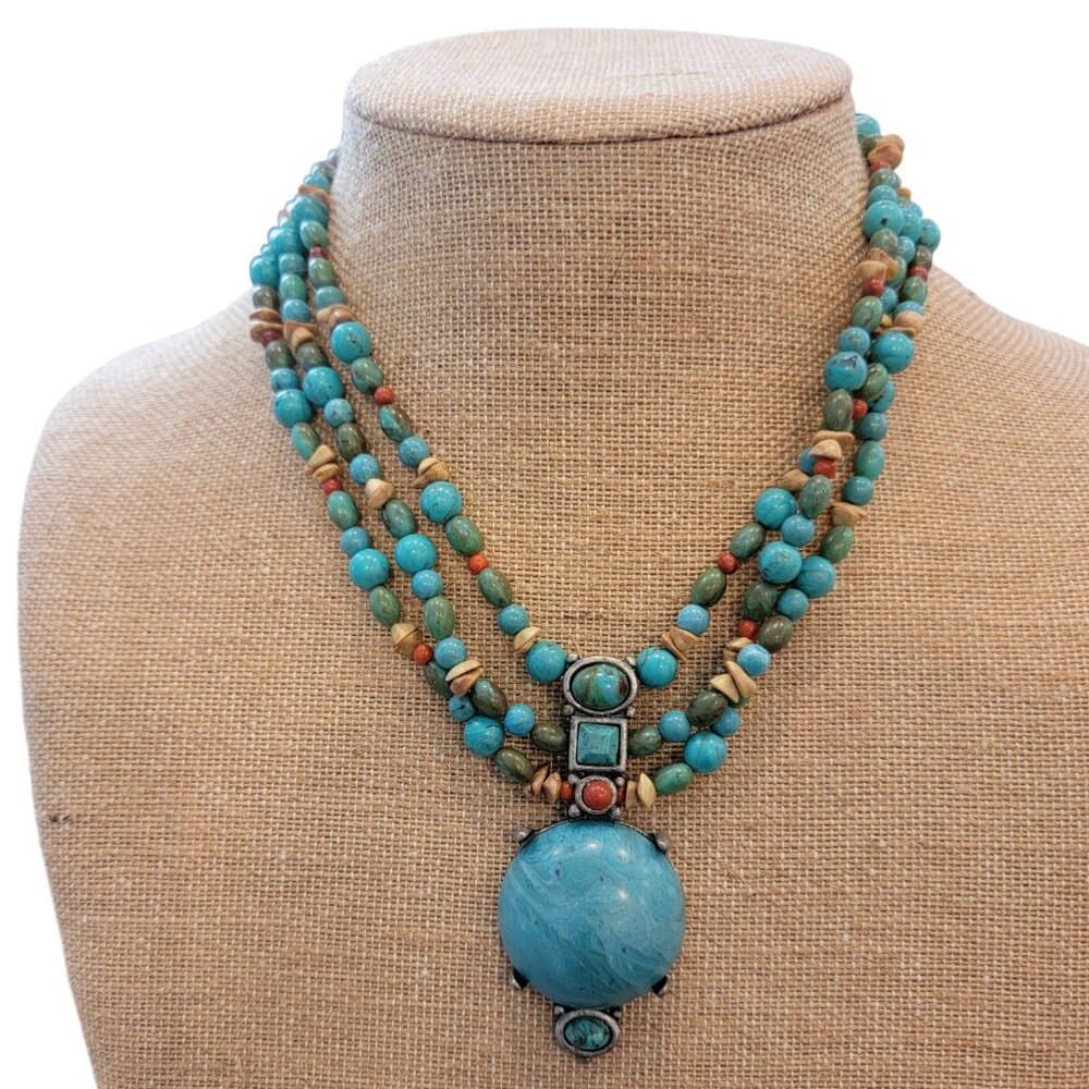 Turquoise Blue Beaded Pendant Necklace, Multistrand